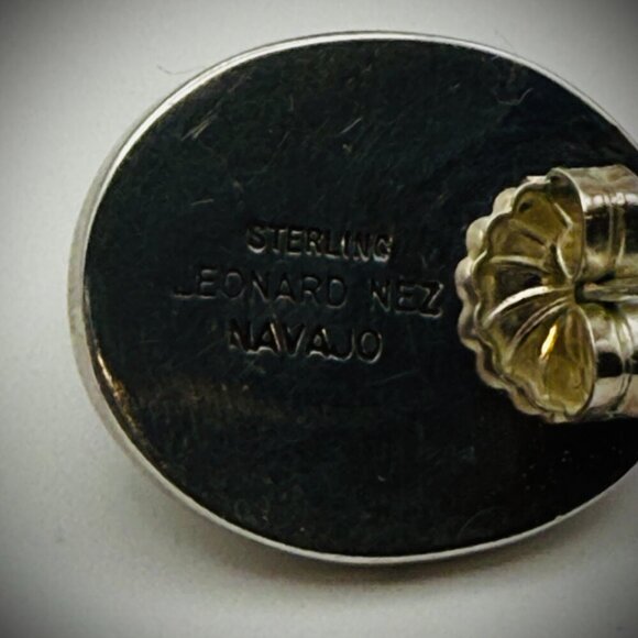 Leonard Nez Navajo #8 Turquoise Overlay Earrings, 1" (15g) – Signed - Picture 3 of 4